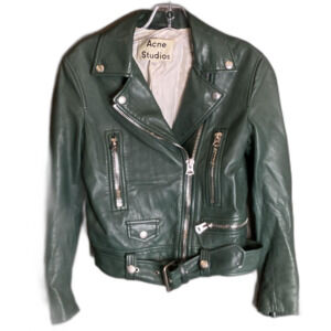 Acne Studios Women's Mock Light PUS15 Green Leather Moto Jacket COA Size 32
